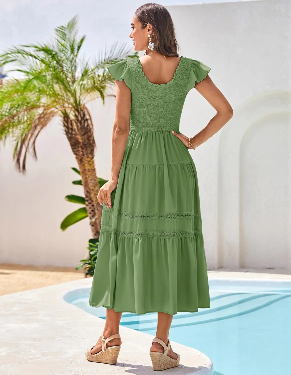 GRACE KARIN Womens Summer Dress Casual 2025 Flutter Sleeve Square Neck Smocked Boho Beach Dresses Tiered Midi Long Sundress