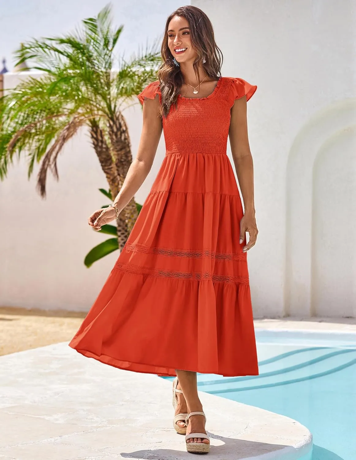 GRACE KARIN Womens Summer Dress Casual 2025 Flutter Sleeve Square Neck Smocked Boho Beach Dresses Tiered Midi Long Sundress