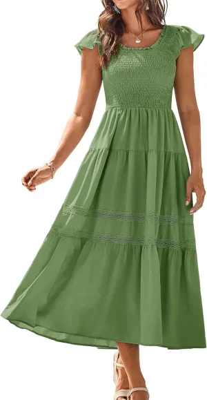 GRACE KARIN Womens Summer Dress Casual 2025 Flutter Sleeve Square Neck Smocked Boho Beach Dresses Tiered Midi Long Sundress