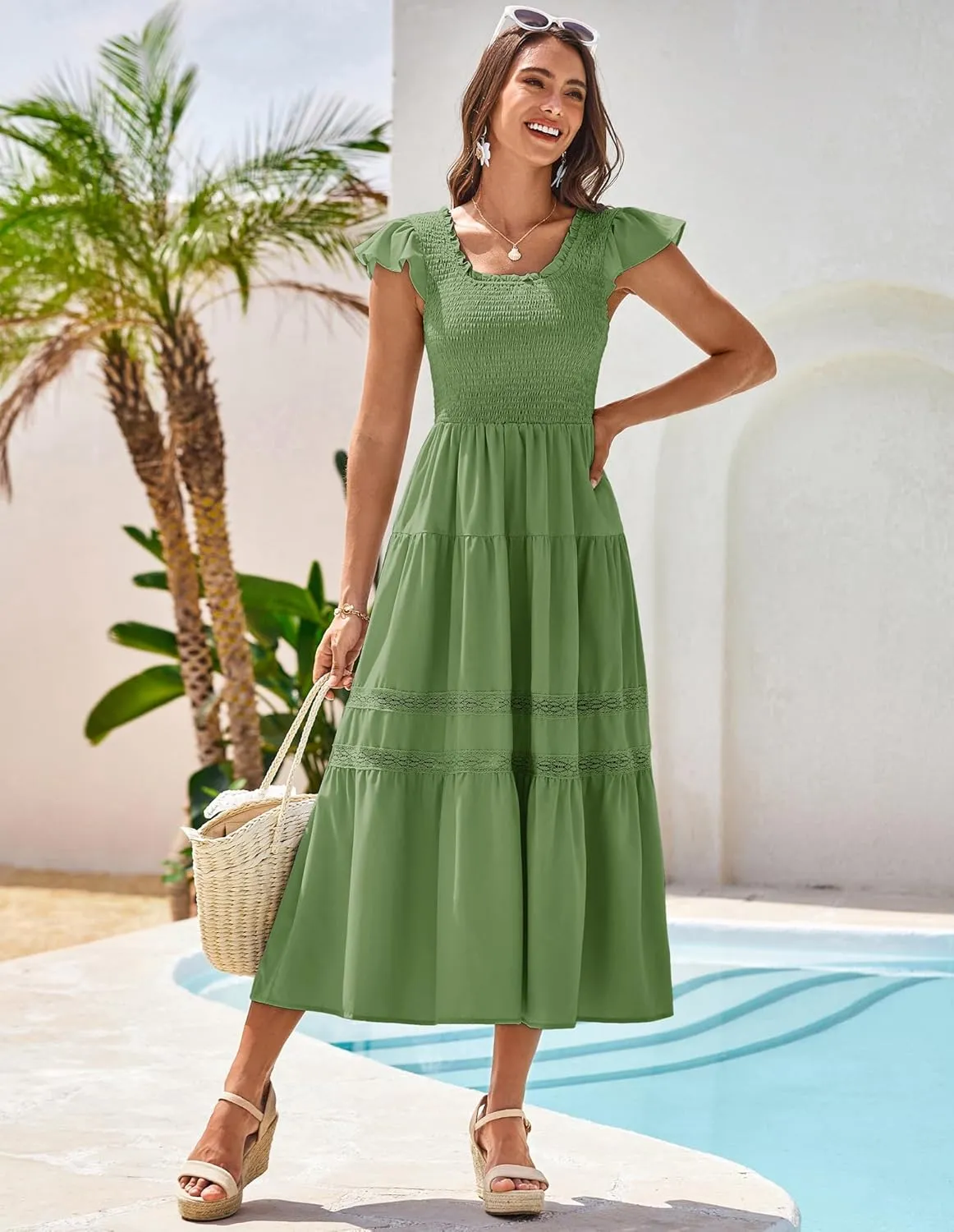 GRACE KARIN Womens Summer Dress Casual 2025 Flutter Sleeve Square Neck Smocked Boho Beach Dresses Tiered Midi Long Sundress