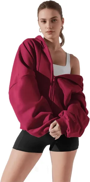 Haellun Womens Oversized Long Sleeve Zip Up Hoodie Fleece Drawstring Sweatshirts Pullover Sweaters with Pockets