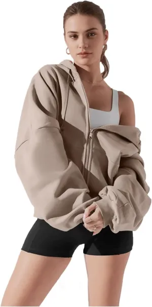 Haellun Womens Oversized Long Sleeve Zip Up Hoodie Fleece Drawstring Sweatshirts Pullover Sweaters with Pockets