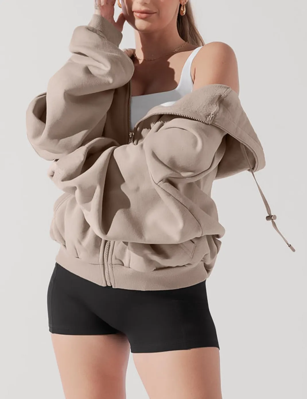 Haellun Womens Oversized Long Sleeve Zip Up Hoodie Fleece Drawstring Sweatshirts Pullover Sweaters with Pockets