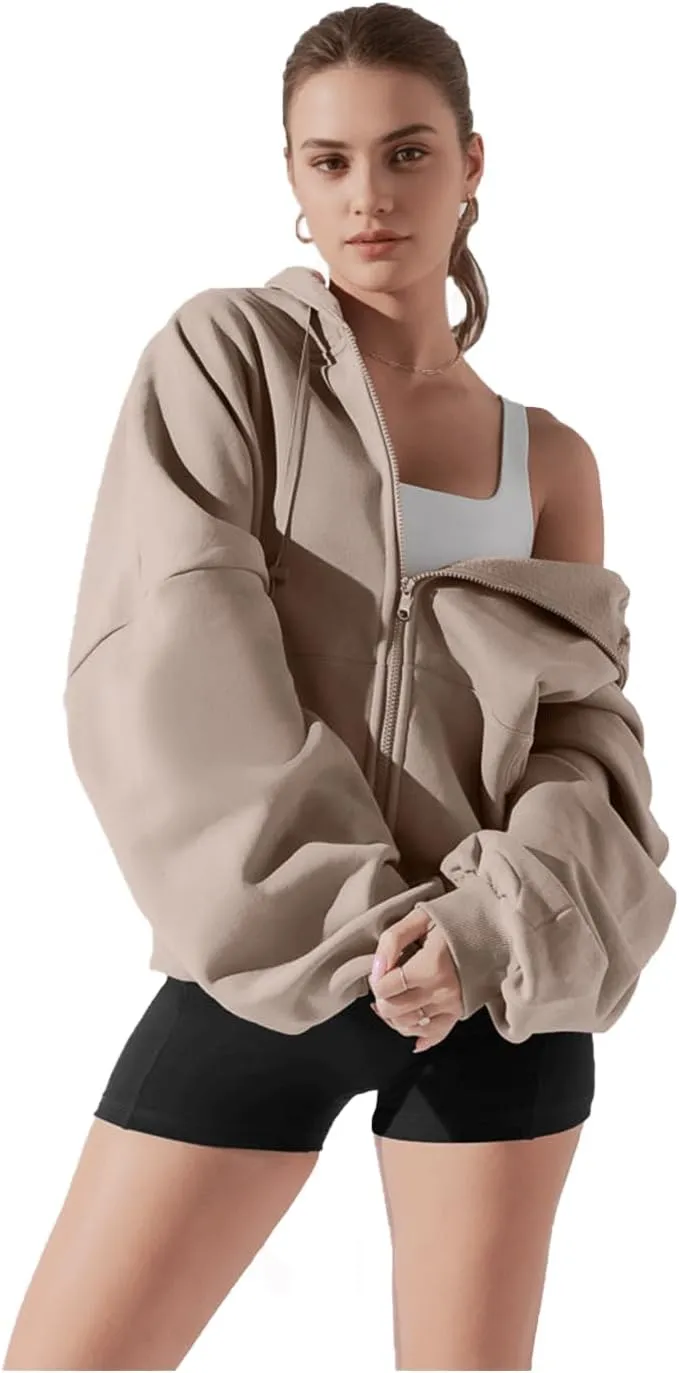 Haellun Womens Oversized Long Sleeve Zip Up Hoodie Fleece Drawstring Sweatshirts Pullover Sweaters with Pockets