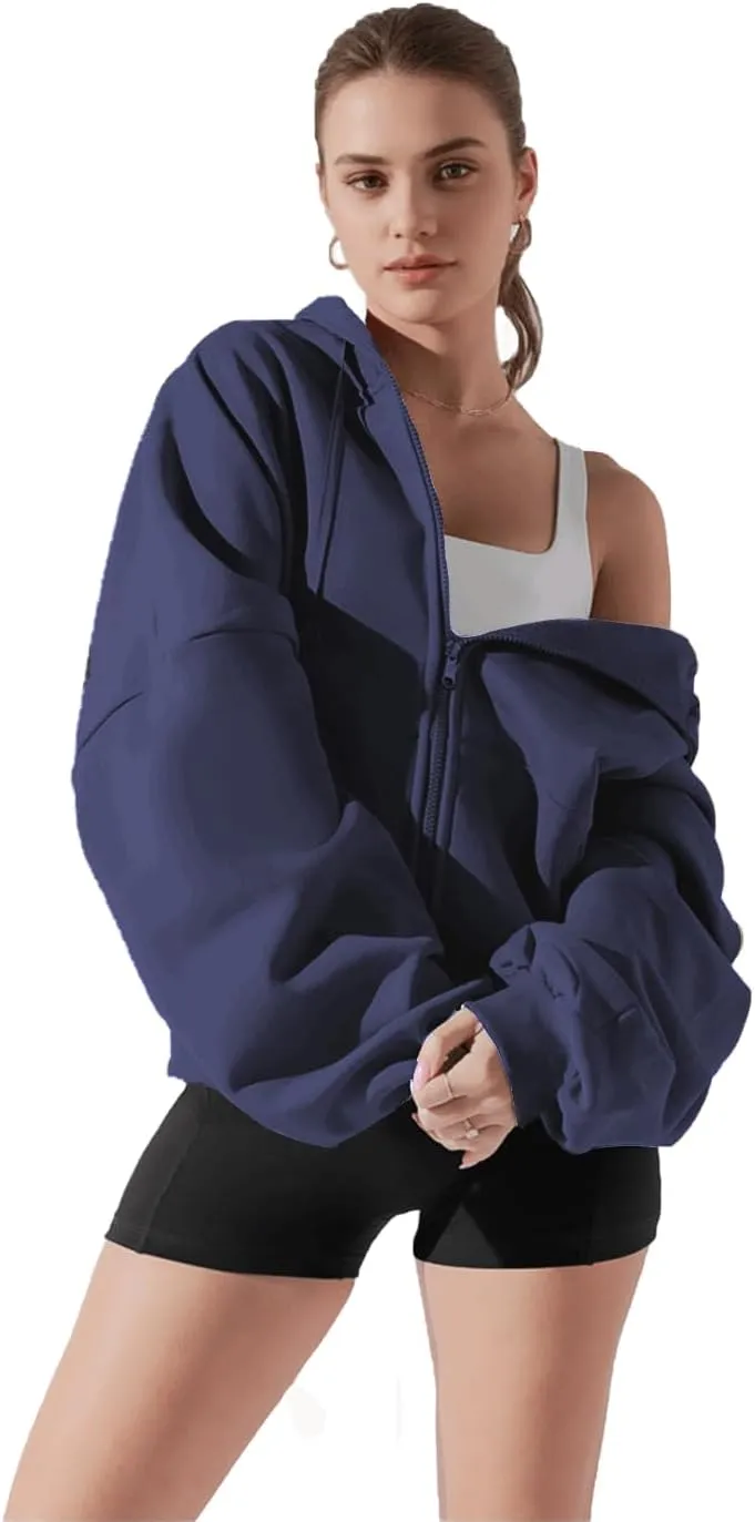 Haellun Womens Oversized Long Sleeve Zip Up Hoodie Fleece Drawstring Sweatshirts Pullover Sweaters with Pockets