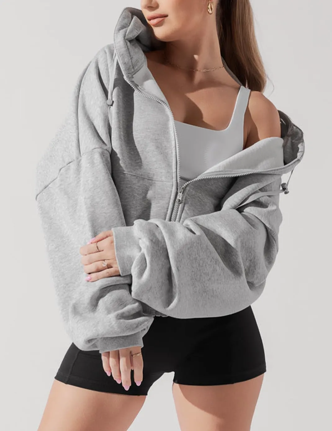 Haellun Womens Oversized Long Sleeve Zip Up Hoodie Fleece Drawstring Sweatshirts Pullover Sweaters with Pockets