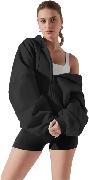 Haellun Womens Oversized Long Sleeve Zip Up Hoodie Fleece Drawstring Sweatshirts Pullover Sweaters with Pockets