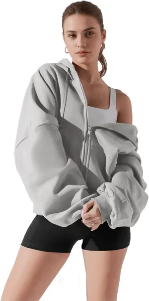 Haellun Womens Oversized Long Sleeve Zip Up Hoodie Fleece Drawstring Sweatshirts Pullover Sweaters with Pockets