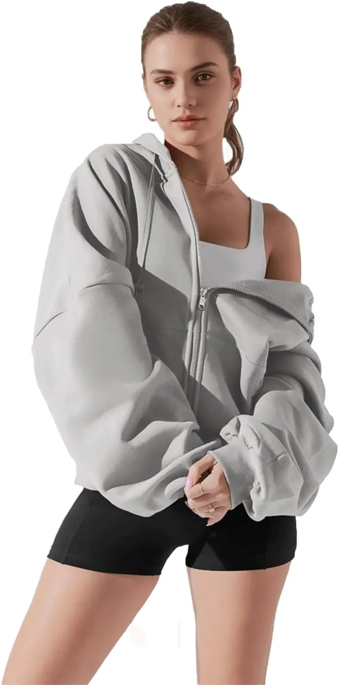 Haellun Womens Oversized Long Sleeve Zip Up Hoodie Fleece Drawstring Sweatshirts Pullover Sweaters with Pockets