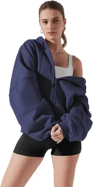 Haellun Womens Oversized Long Sleeve Zip Up Hoodie Fleece Drawstring Sweatshirts Pullover Sweaters with Pockets