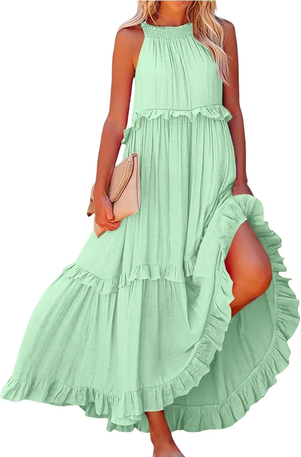 Halter Maxi Dresses for Women 2025 Summer Smocked Tiered Ruffle Dress Flowy Beach Wedding Guest Dress with Pockets
