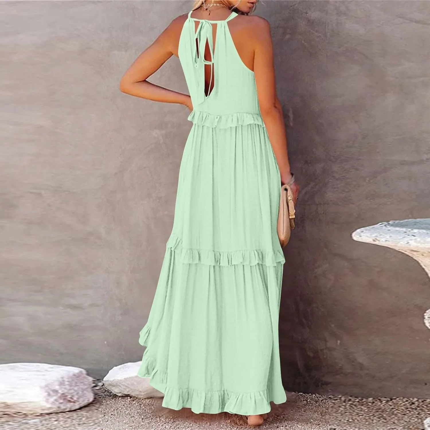 Halter Maxi Dresses for Women 2025 Summer Smocked Tiered Ruffle Dress Flowy Beach Wedding Guest Dress with Pockets