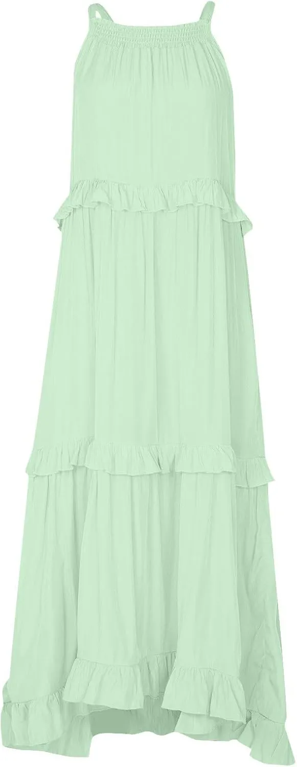 Halter Maxi Dresses for Women 2025 Summer Smocked Tiered Ruffle Dress Flowy Beach Wedding Guest Dress with Pockets