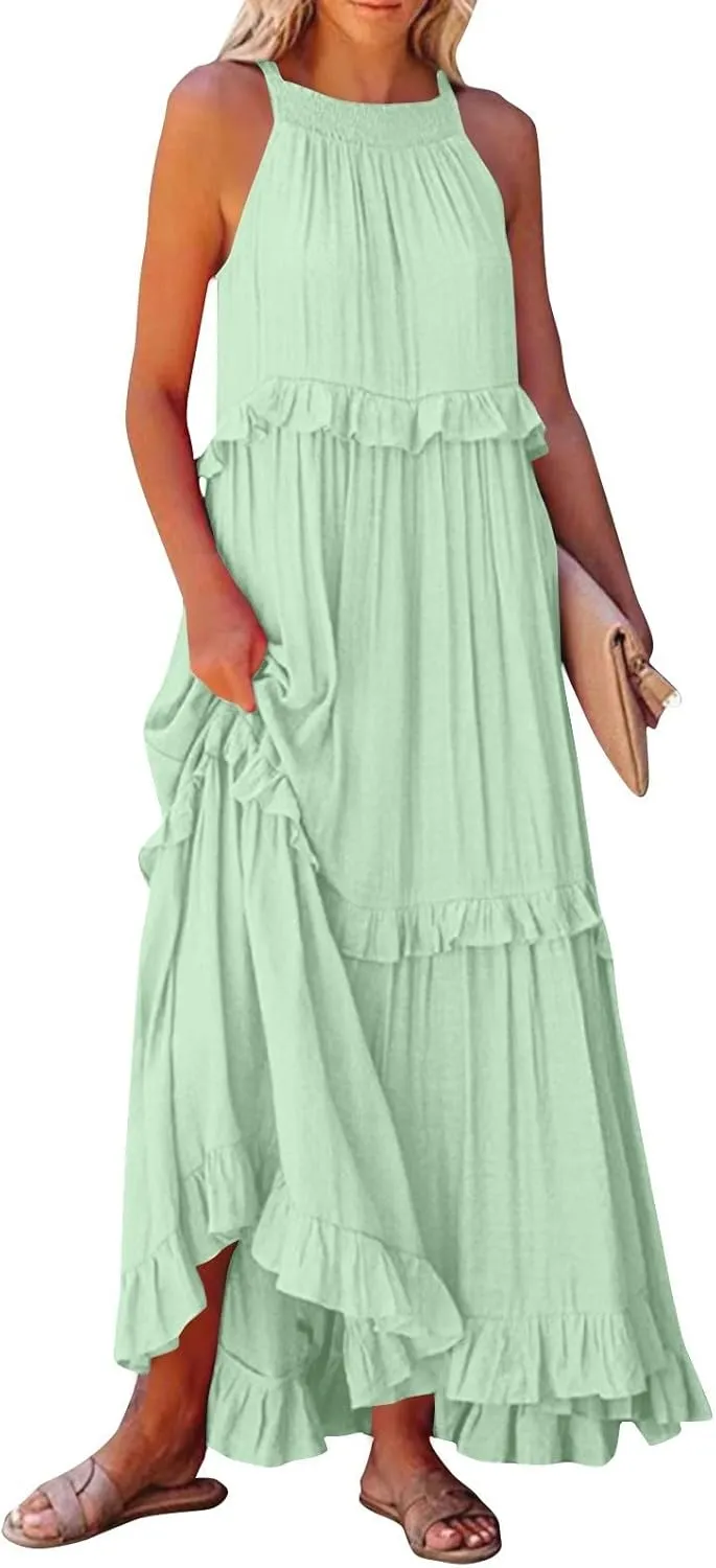 Halter Maxi Dresses for Women 2025 Summer Smocked Tiered Ruffle Dress Flowy Beach Wedding Guest Dress with Pockets