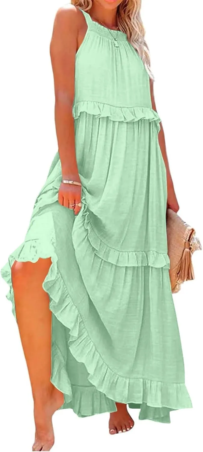 Halter Maxi Dresses for Women 2025 Summer Smocked Tiered Ruffle Dress Flowy Beach Wedding Guest Dress with Pockets