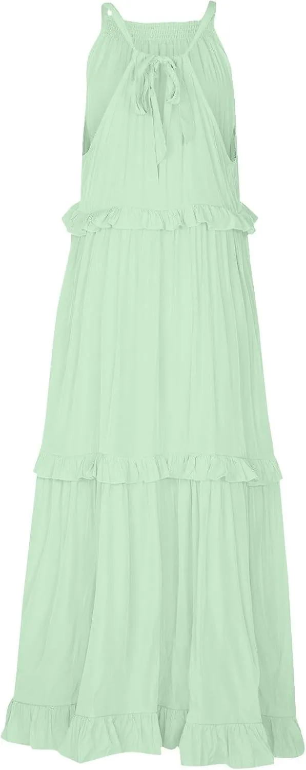 Halter Maxi Dresses for Women 2025 Summer Smocked Tiered Ruffle Dress Flowy Beach Wedding Guest Dress with Pockets