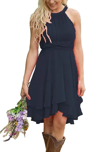 Halter Short Bridesmaid Dresses 2024 Western Wedding Guest Dresses A Line Ruffle Pleated Summer Formal Party Dresses