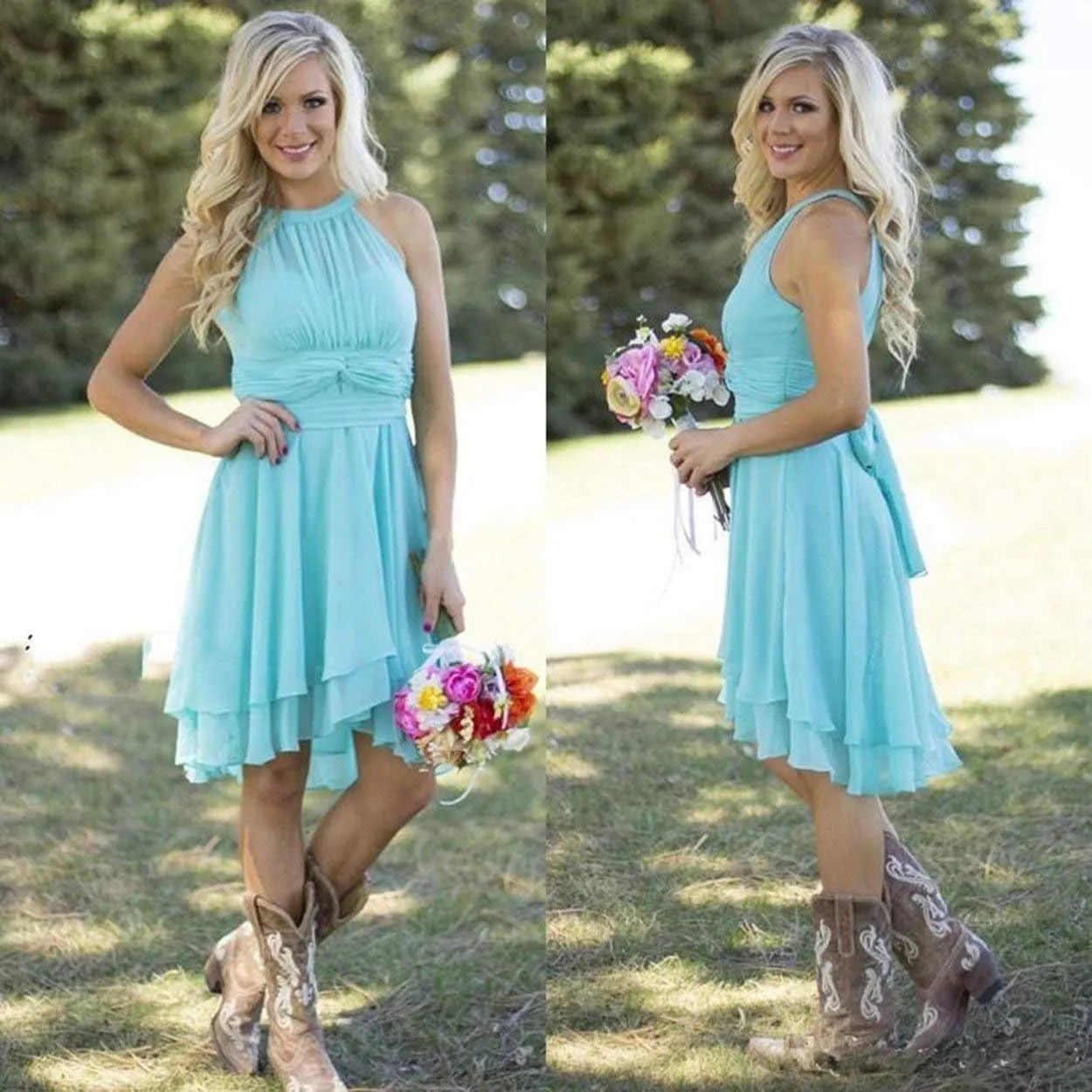 Halter Short Bridesmaid Dresses 2024 Western Wedding Guest Dresses A Line Ruffle Pleated Summer Formal Party Dresses