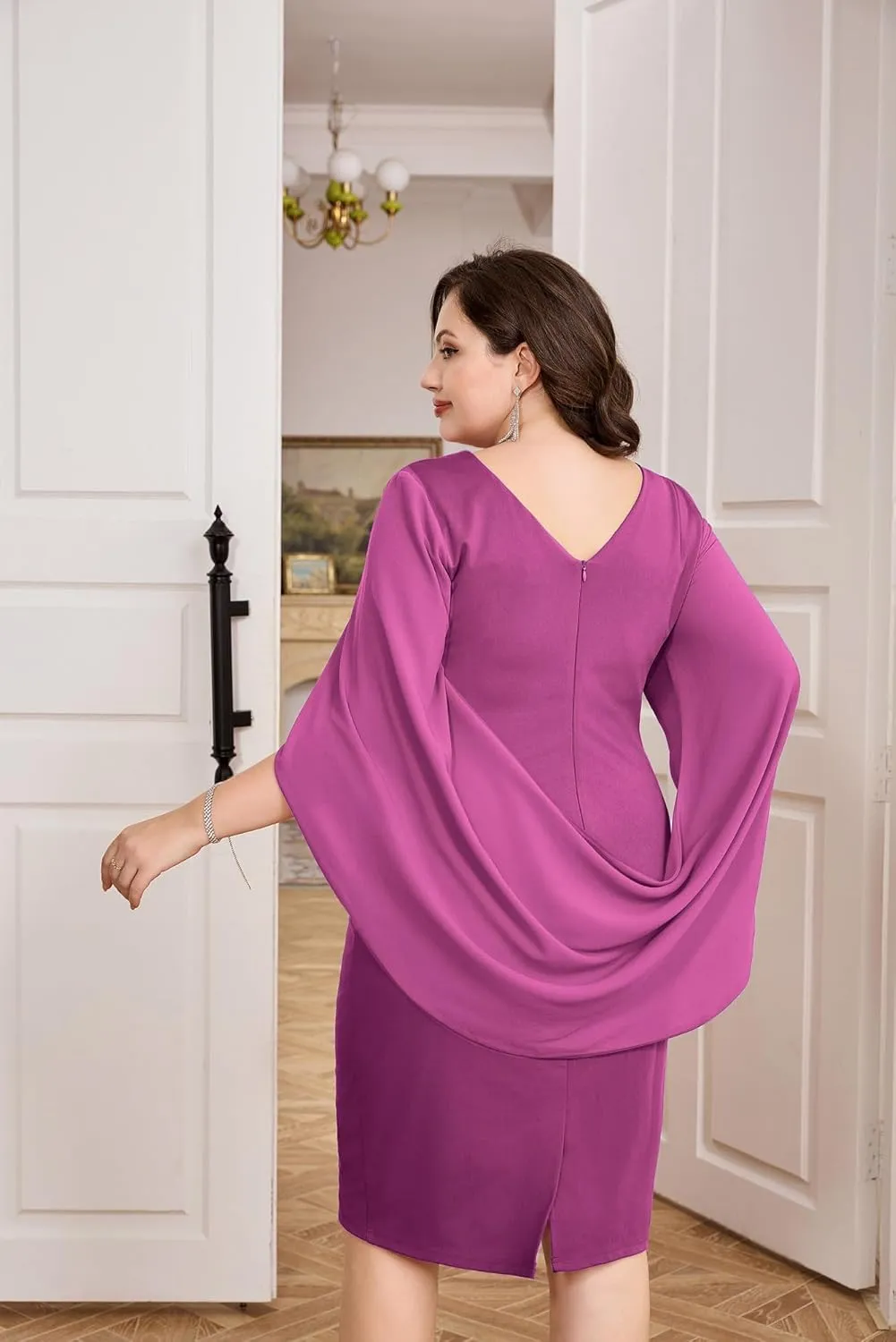 Hanna Nikole Women Plus Size Chiffon Cape Dresses Ruffle Style Midi Bodycon Cocktail Dress