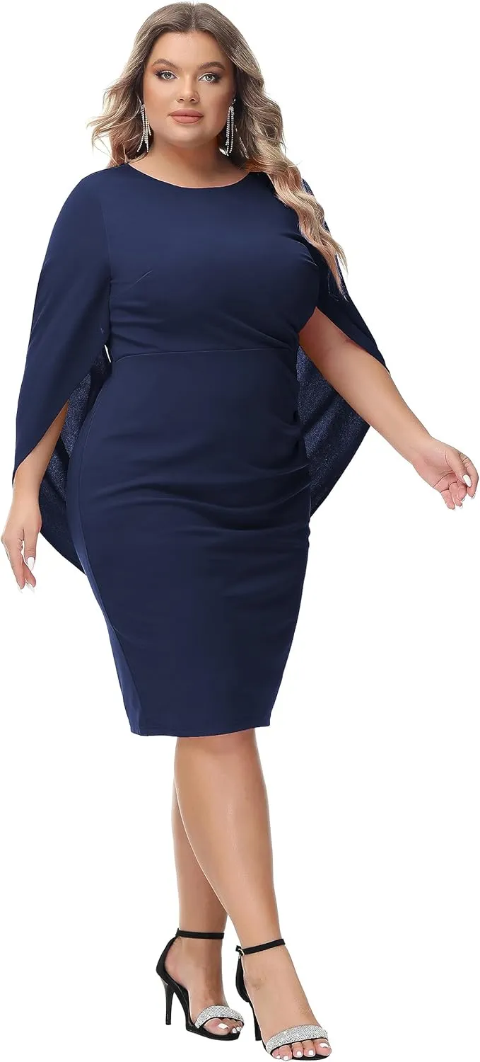 Hanna Nikole Women Plus Size Chiffon Cape Dresses Ruffle Style Midi Bodycon Cocktail Dress