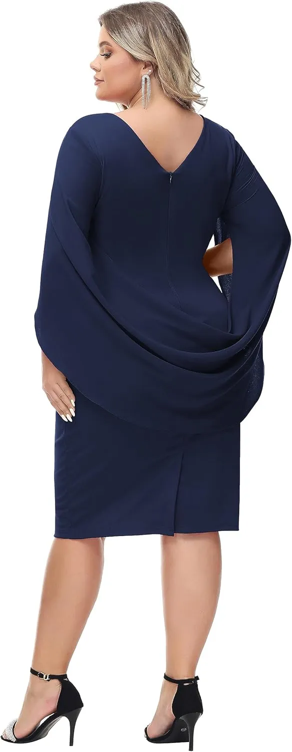 Hanna Nikole Women Plus Size Chiffon Cape Dresses Ruffle Style Midi Bodycon Cocktail Dress