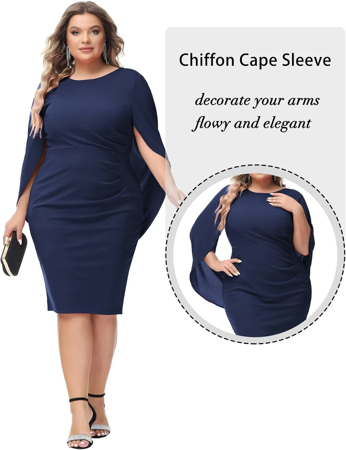 Hanna Nikole Women Plus Size Chiffon Cape Dresses Ruffle Style Midi Bodycon Cocktail Dress