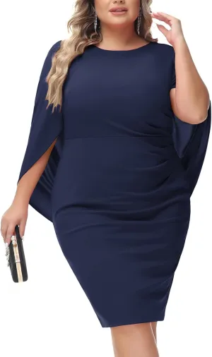 Hanna Nikole Women Plus Size Chiffon Cape Dresses Ruffle Style Midi Bodycon Cocktail Dress