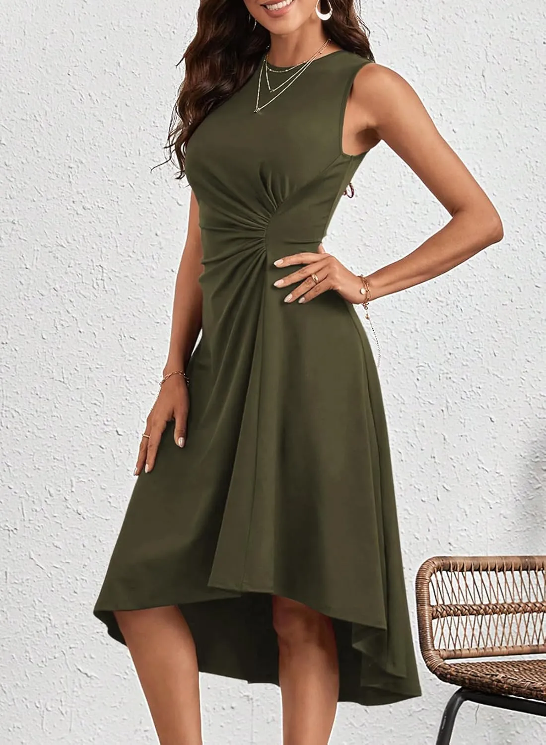 Happy Sailed Women's Summer Sleeveless Ruched Waist Flowy A Line High Low Midi Cocktail Party Dress