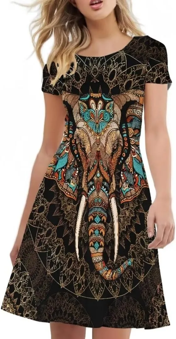 Hawaiian Dress Women Short Sleeve Summer Beach Dresses Round Neck Casual T-Shirt Dress