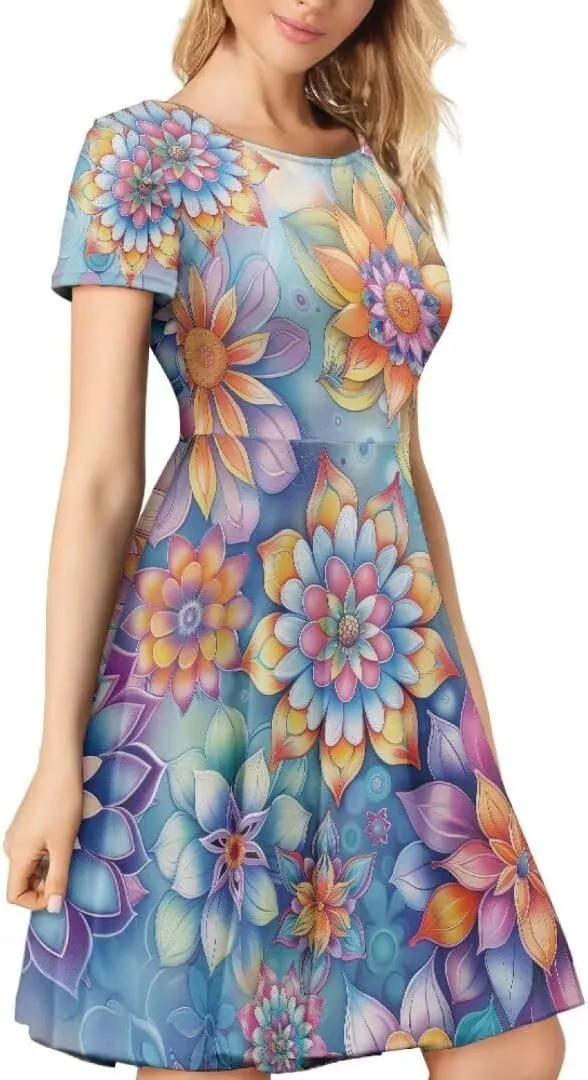 Hawaiian Dress Women Short Sleeve Summer Beach Dresses Round Neck Casual T-Shirt Dress