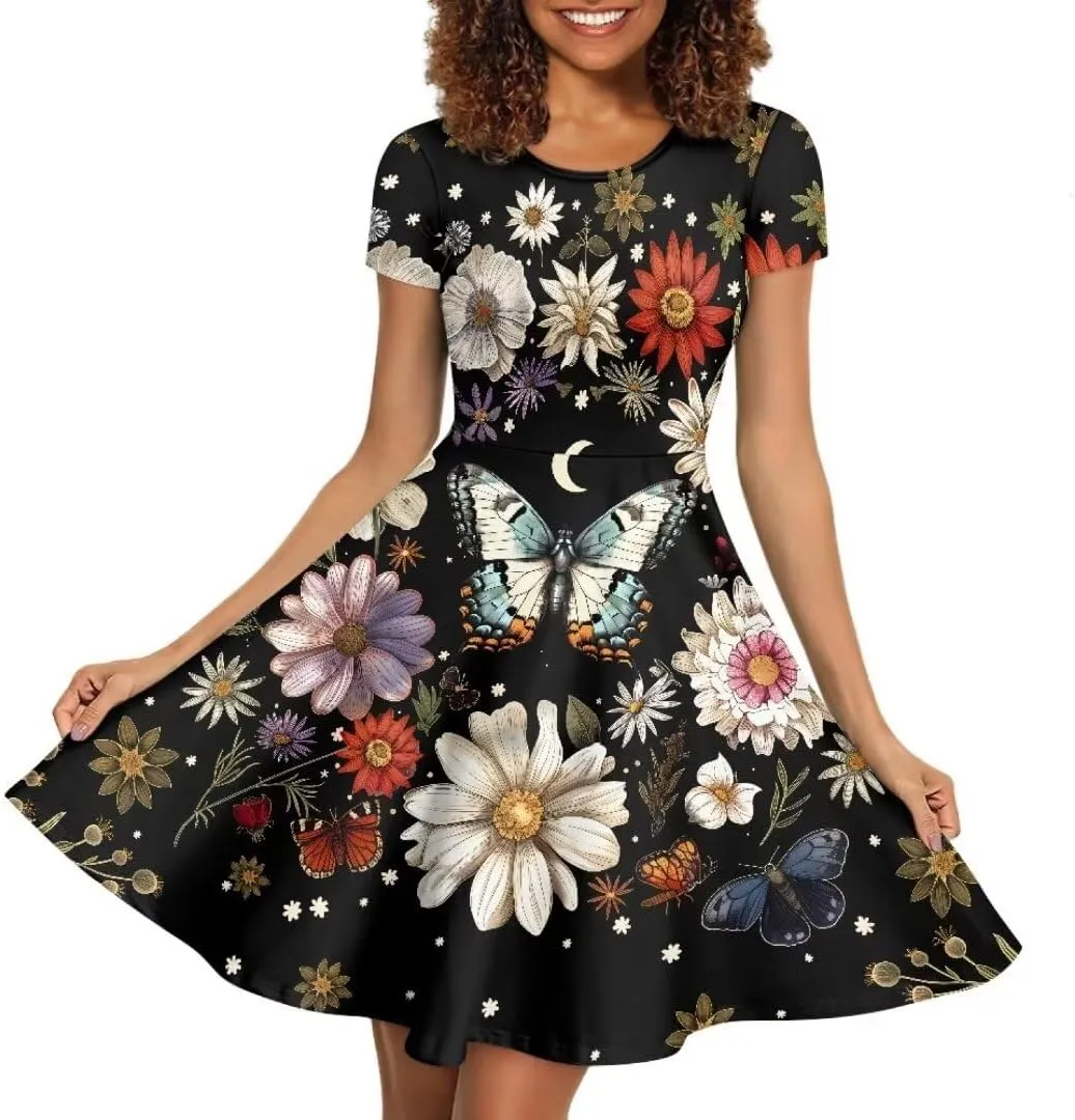 Hawaiian Dress Women Short Sleeve Summer Beach Dresses Round Neck Casual T-Shirt Dress