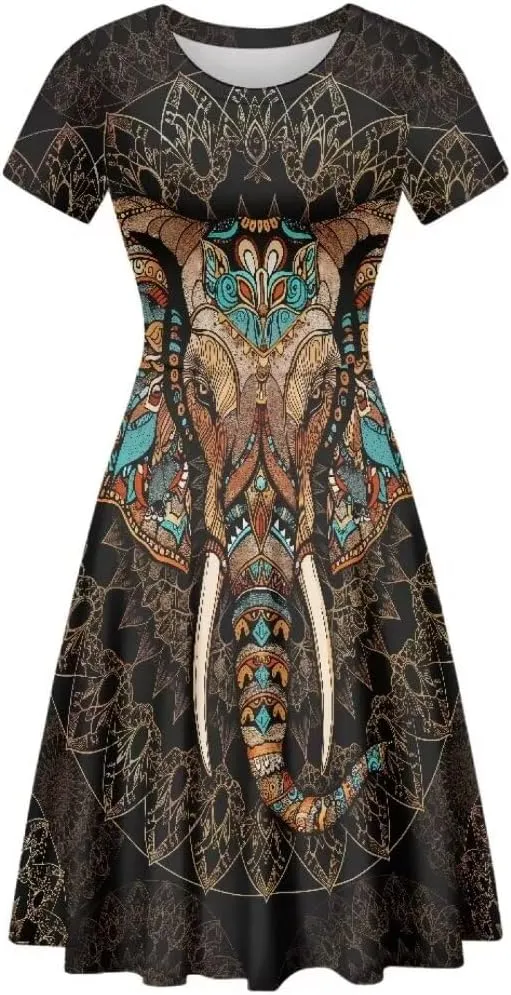 Hawaiian Dress Women Short Sleeve Summer Beach Dresses Round Neck Casual T-Shirt Dress