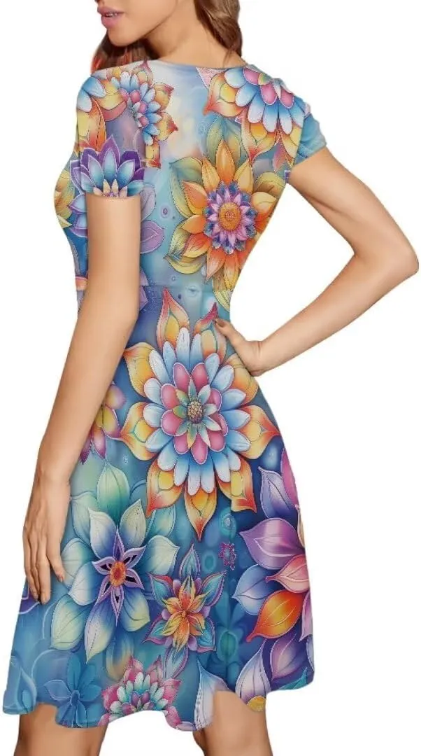 Hawaiian Dress Women Short Sleeve Summer Beach Dresses Round Neck Casual T-Shirt Dress