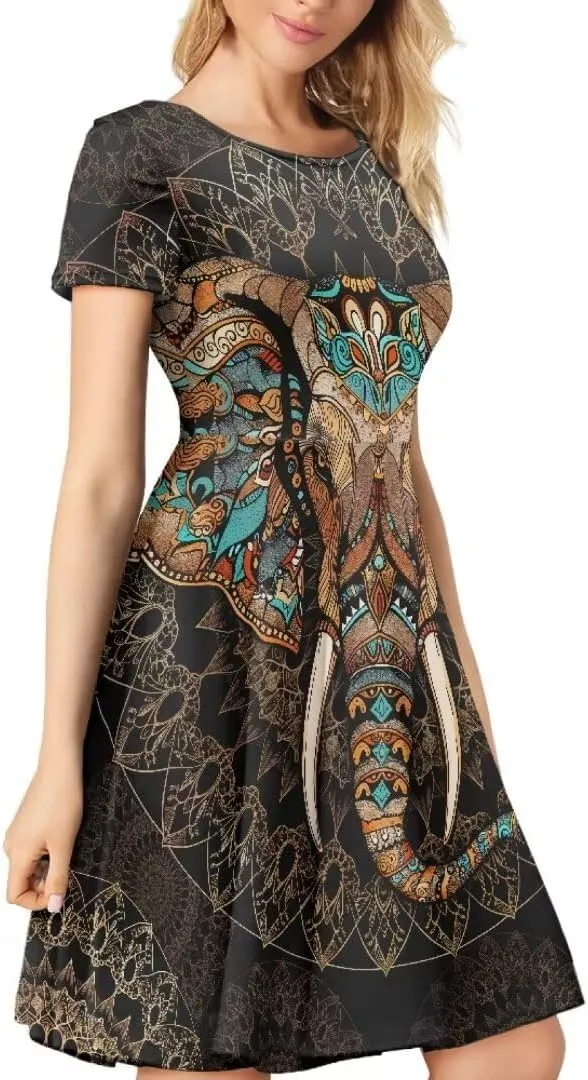 Hawaiian Dress Women Short Sleeve Summer Beach Dresses Round Neck Casual T-Shirt Dress