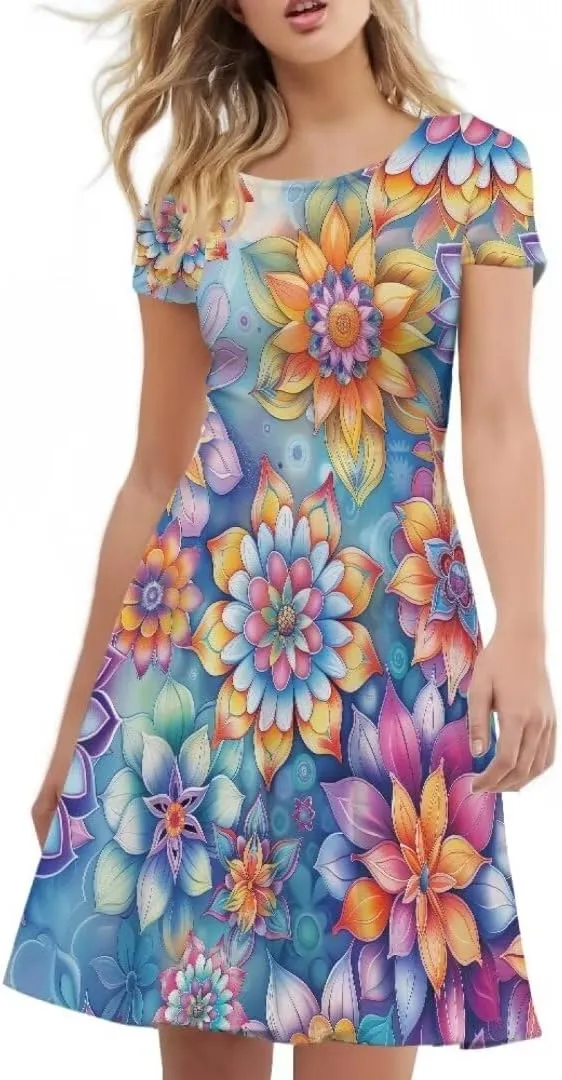 Hawaiian Dress Women Short Sleeve Summer Beach Dresses Round Neck Casual T-Shirt Dress