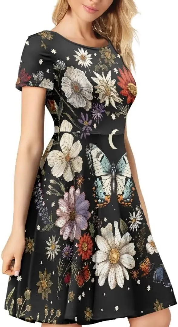 Hawaiian Dress Women Short Sleeve Summer Beach Dresses Round Neck Casual T-Shirt Dress