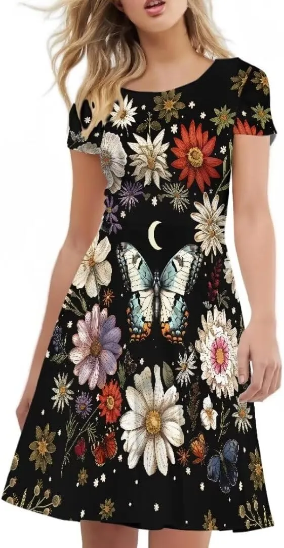 Hawaiian Dress Women Short Sleeve Summer Beach Dresses Round Neck Casual T-Shirt Dress