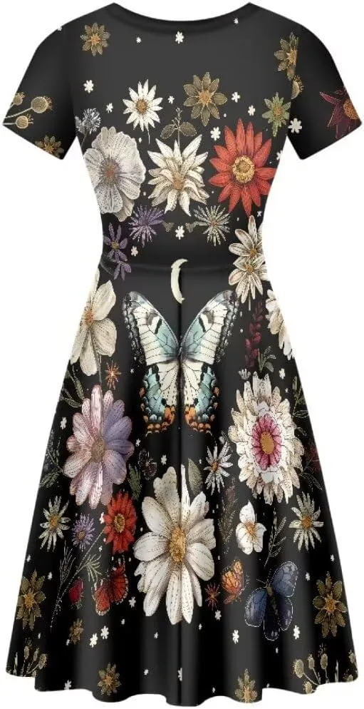 Hawaiian Dress Women Short Sleeve Summer Beach Dresses Round Neck Casual T-Shirt Dress