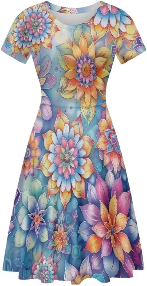 Hawaiian Dress Women Short Sleeve Summer Beach Dresses Round Neck Casual T-Shirt Dress