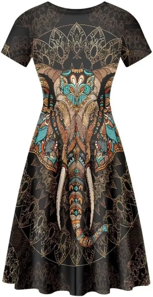 Hawaiian Dress Women Short Sleeve Summer Beach Dresses Round Neck Casual T-Shirt Dress