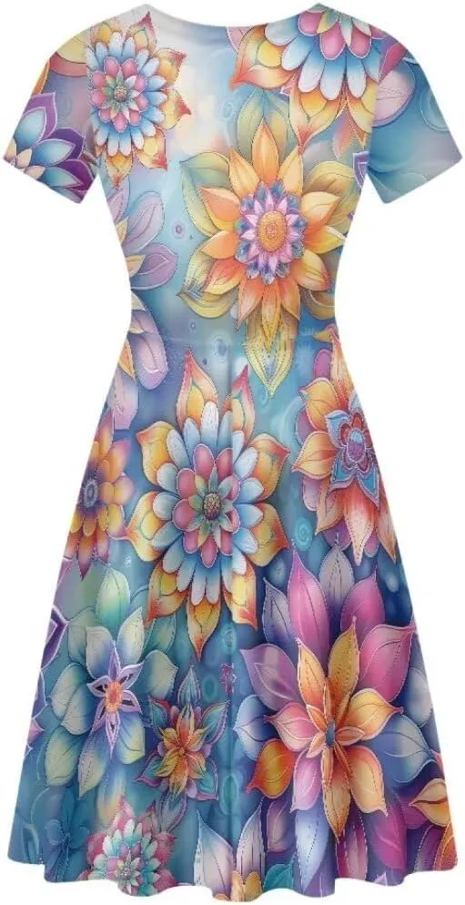 Hawaiian Dress Women Short Sleeve Summer Beach Dresses Round Neck Casual T-Shirt Dress