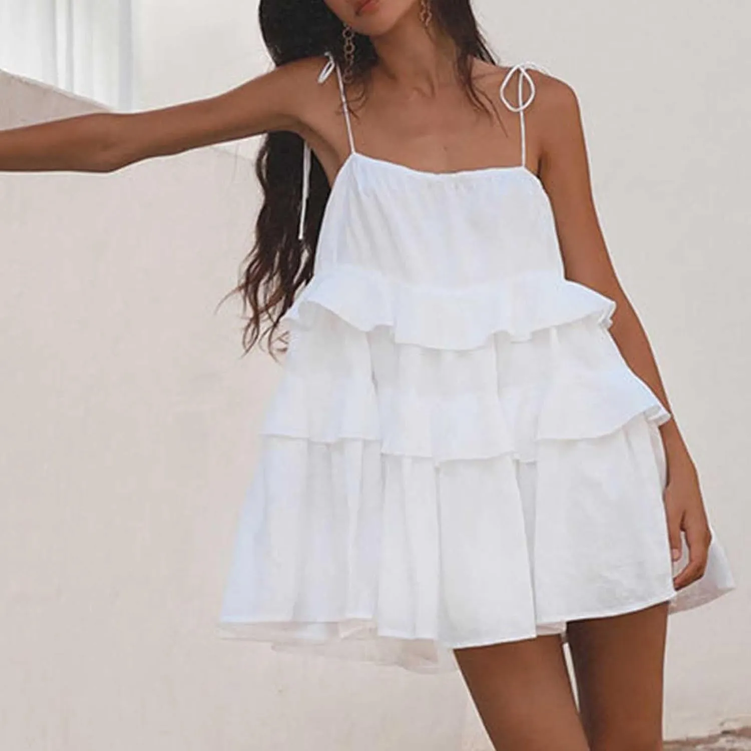 HGps8w Cute Layered Mini Dress for Women Tiered Ruffle Spaghetti Tie Strap Sleeveless Skater Mini Dresses