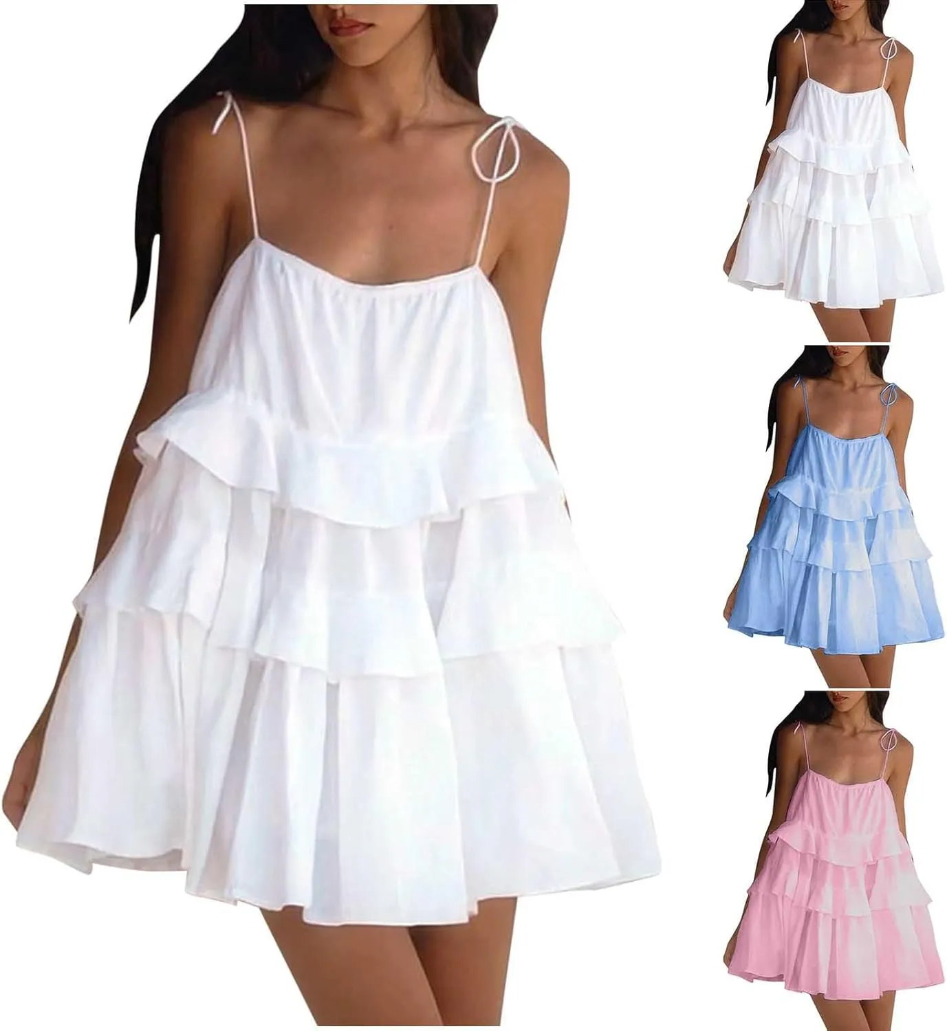 HGps8w Cute Layered Mini Dress for Women Tiered Ruffle Spaghetti Tie Strap Sleeveless Skater Mini Dresses