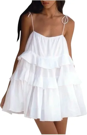 HGps8w Cute Layered Mini Dress for Women Tiered Ruffle Spaghetti Tie Strap Sleeveless Skater Mini Dresses