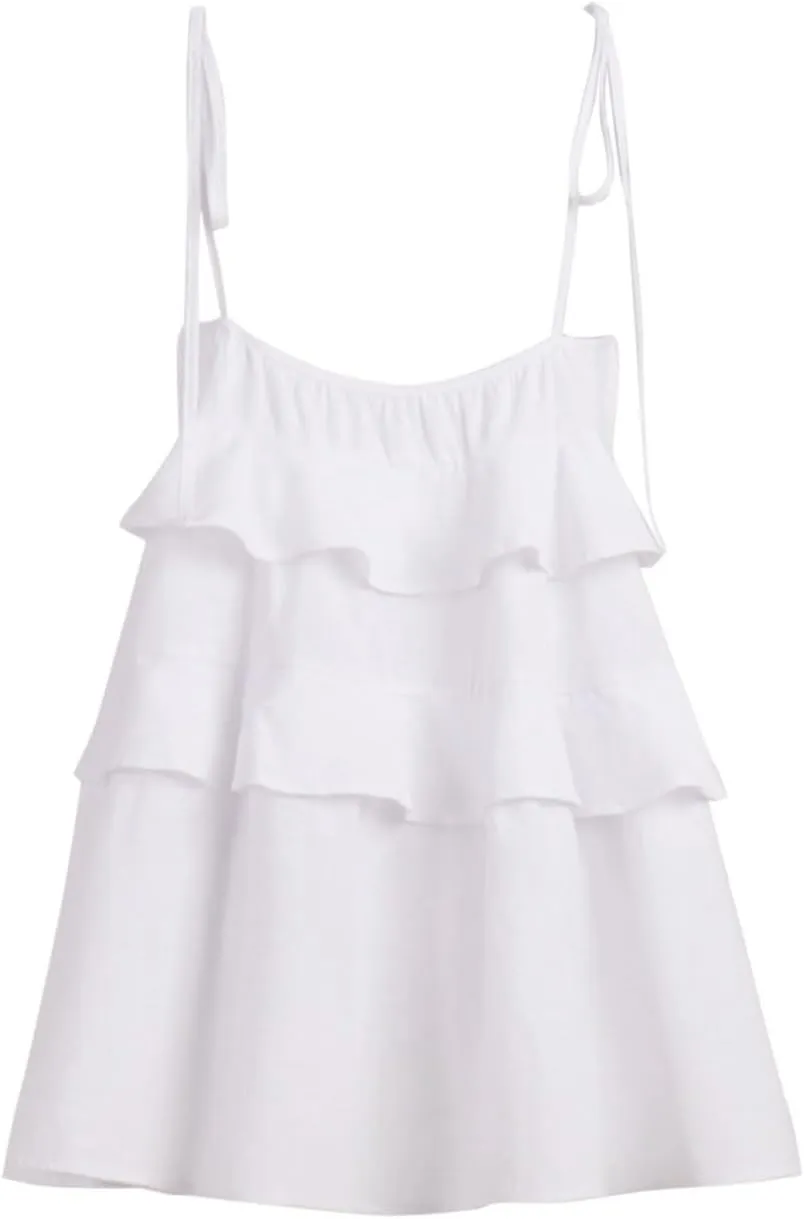 HGps8w Cute Layered Mini Dress for Women Tiered Ruffle Spaghetti Tie Strap Sleeveless Skater Mini Dresses