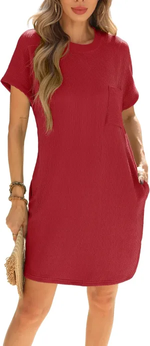 HiMONE Womens Casual Dresses Vacation Tshirt Dress Crewneck Shift Shirt Summer Petite Dress XS-2XL