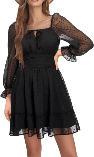 Holipick Long Sleeve Dress for Women Graduation Teen Homecoming Tie Back Square Neck Ruffle A-Line Casual Short Dresses