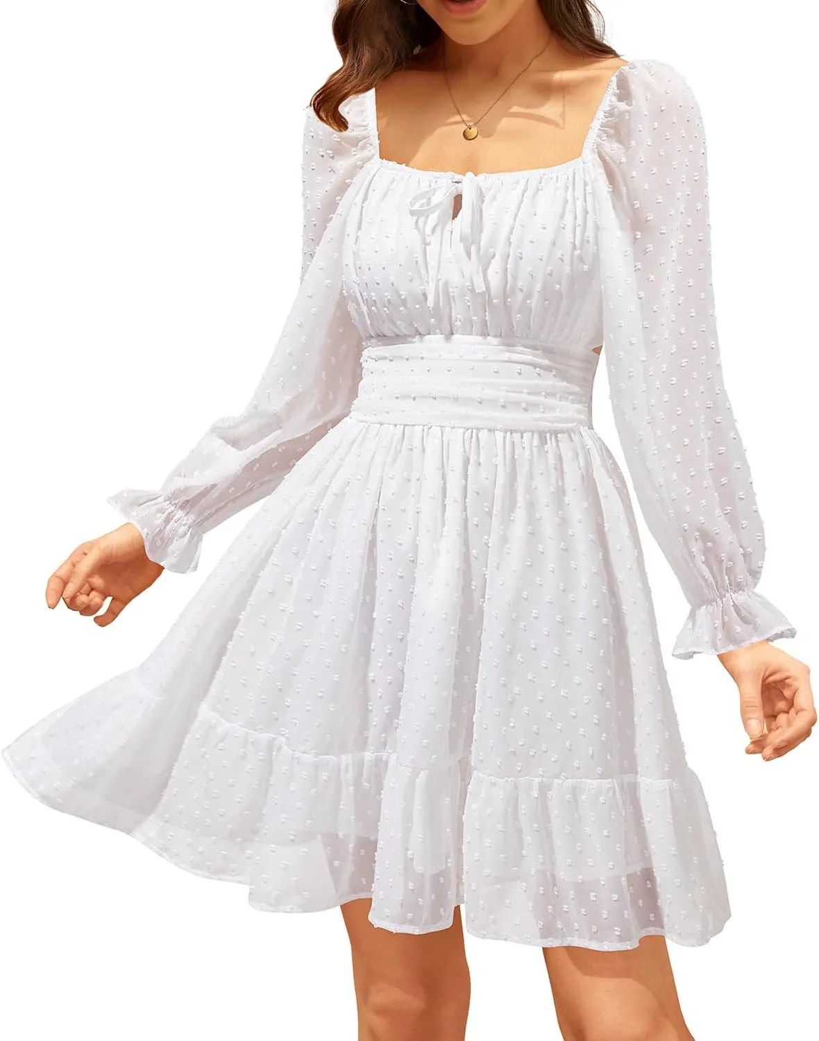 Holipick Long Sleeve Dress for Women Graduation Teen Homecoming Tie Back Square Neck Ruffle A-Line Casual Short Dresses