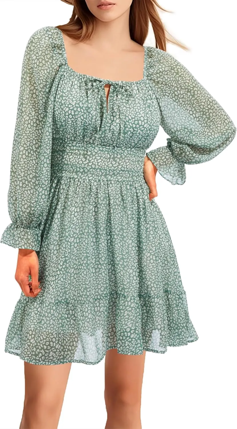 Holipick Long Sleeve Dress for Women Graduation Teen Homecoming Tie Back Square Neck Ruffle A-Line Casual Short Dresses