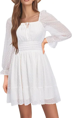 Holipick Long Sleeve Dress for Women Graduation Teen Homecoming Tie Back Square Neck Ruffle A-Line Casual Short Dresses